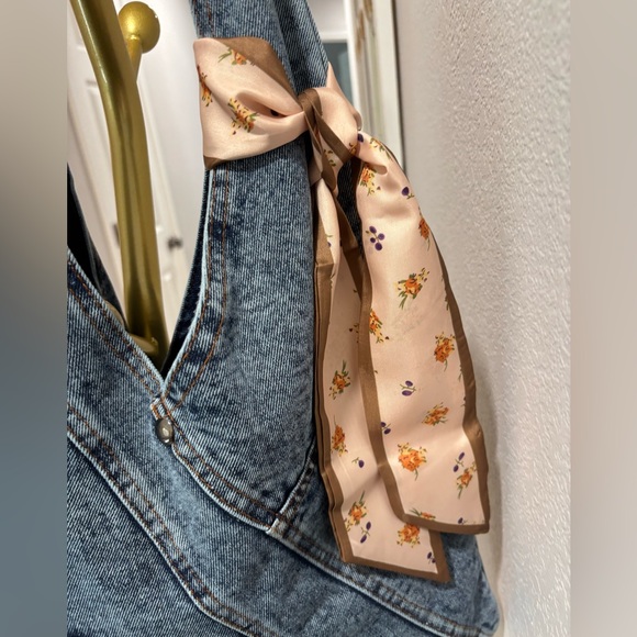 Denim Shoulder Bag with Floral Scarf Accent